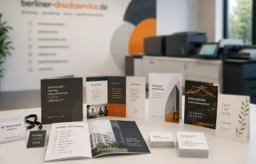 Verschiedene aufrecht stehende Broschüren, Flyer und Visitenkarten auf einem weißen Tisch. Im unscharfen Hintergrund ist ein Büro mit Druckgeräten zu sehen.