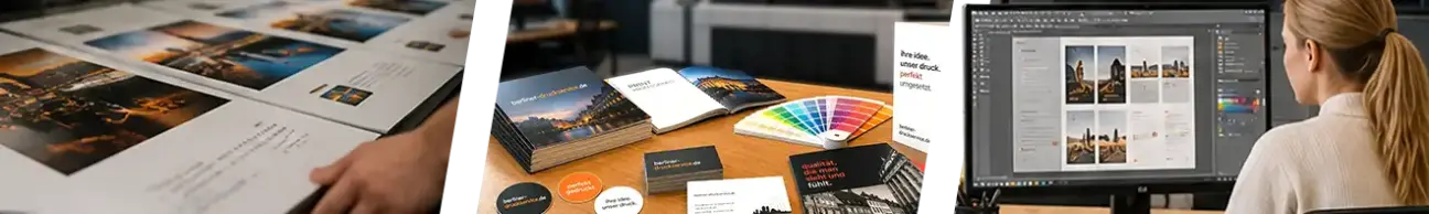 Dreiteilige Collage zum Druckprozess: Qualitätskontrolle der Druckbögen, Produktpräsentation mit Farbfächer und Layout-Design am Monitor.