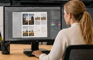 Eine Frau mit blondem Pferdeschwanz sitzt von hinten gesehen am Schreibtisch und bearbeitet an einem großen Monitor das mehrseitige Layout eines Dokuments.