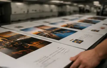 Eine Hand berührt den Rand von großen, hintereinander liegenden Papierbögen in einer Druckerei, auf denen farbige Landschafts- und Städtefotos gedruckt sind.