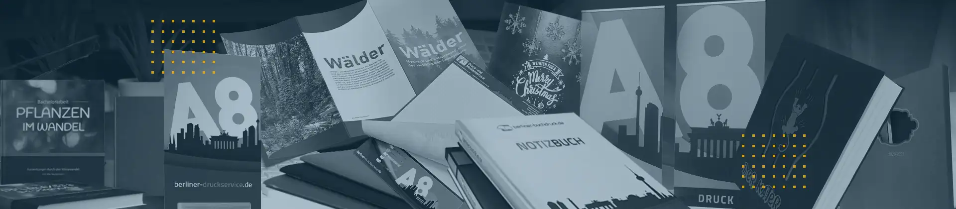 Header: Variety of print products: Display of books, notebooks, brochures, and flyers.