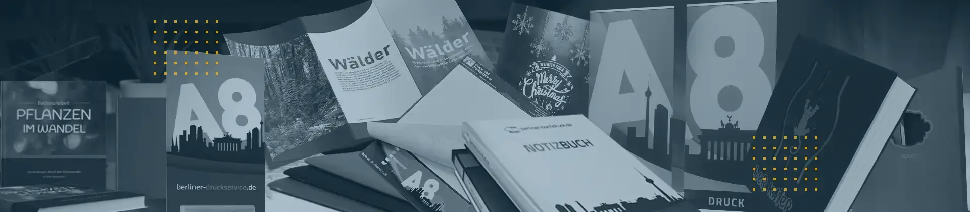 Header: Vielfalt an Printprodukten: Auslage von Büchern, Notizbüchern, Broschüren und Flyern.