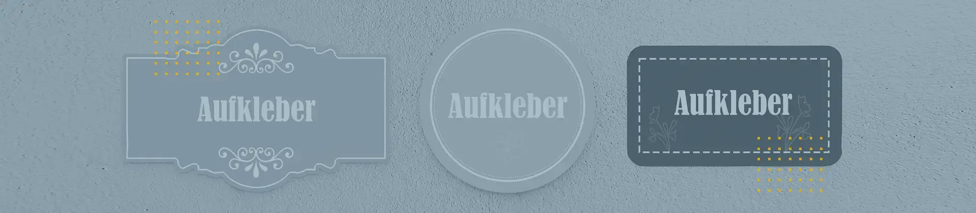 Header-Bild: Drei abstrakte Aufkleber-Designs in verschiedenen Formen und Grautönen; symbolisiert Digitaldruck-Produkte.