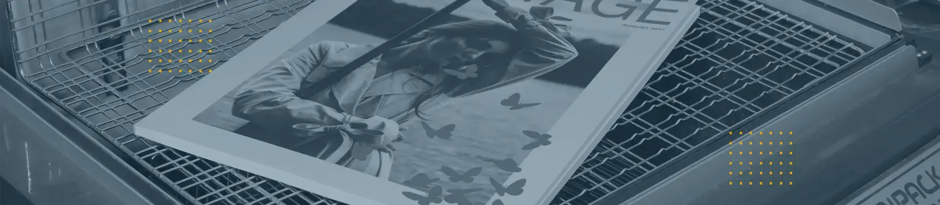 Header: Vielfalt an Printprodukten: Auslage von Büchern, Notizbüchern, Broschüren und Flyern.