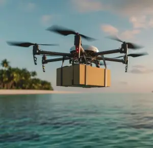 Modern delivery: A drone transports a package over the tropical sea coast.
