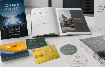 Eine geöffnete Broschüre, gestapelte Visitenkarten – darunter eine mit glänzender Goldprägung –, runde Bierdeckel und ein Veranstaltungsplakat liegen dekorativ angeordnet auf einer weißen Fläche.